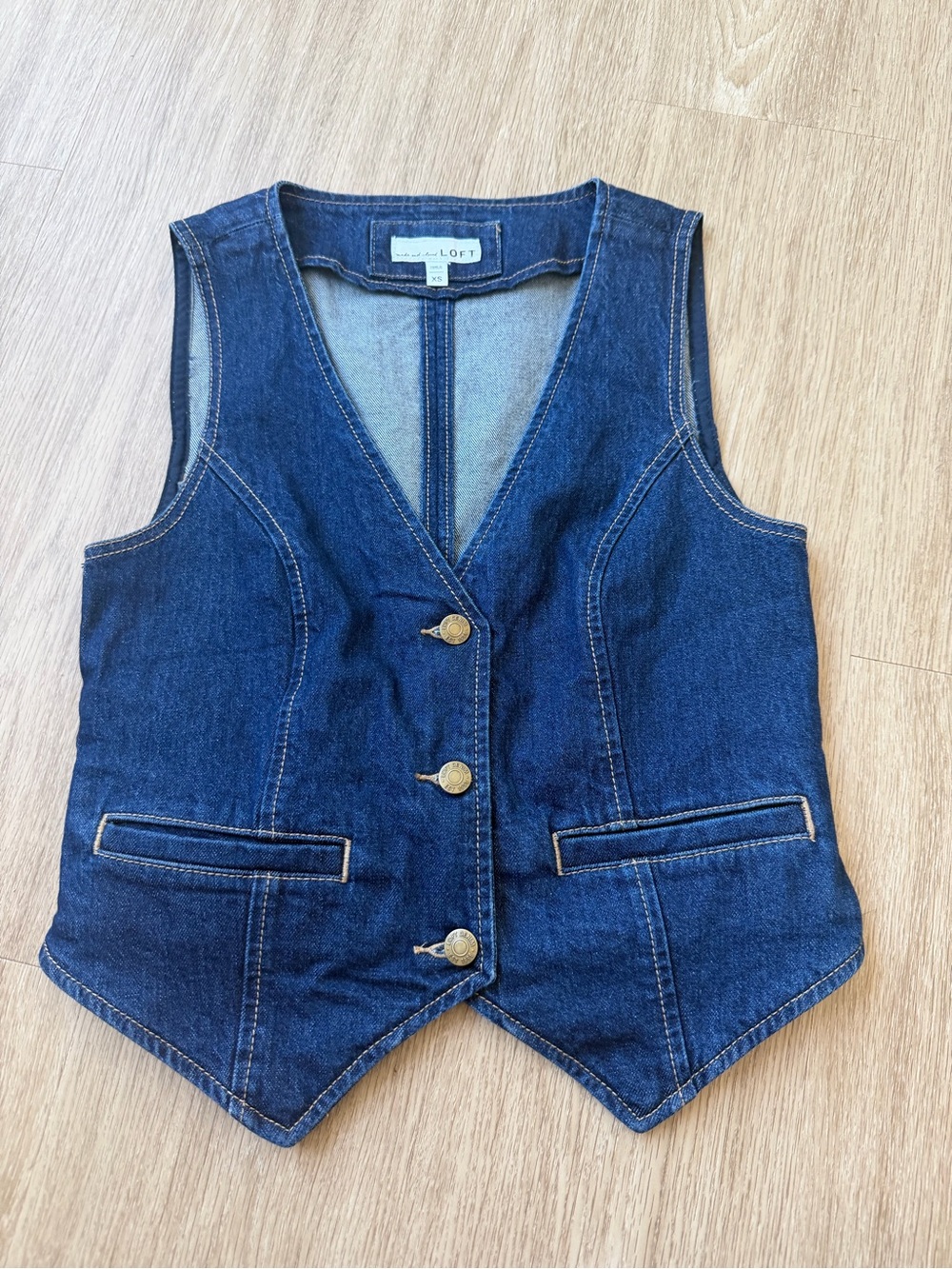 LOFT Dark Denim Vest with Gold Buttons and back cinched buckle size XS